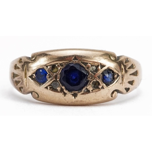 2109 - Edwardian 9ct gold sapphire, blue stone and diamond ring, the largest sapphire approximately 3.7mm i... 