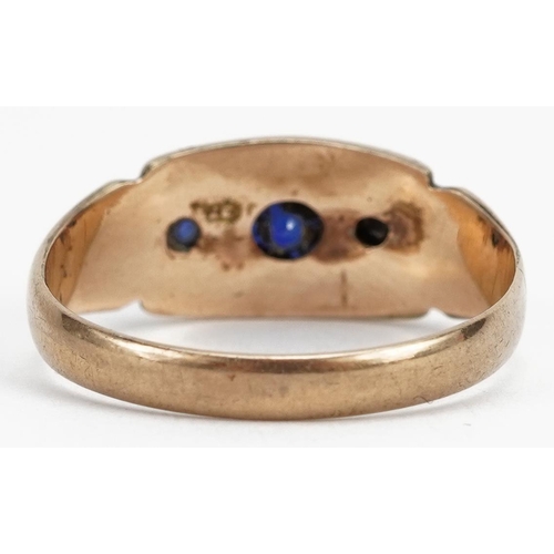 2109 - Edwardian 9ct gold sapphire, blue stone and diamond ring, the largest sapphire approximately 3.7mm i... 