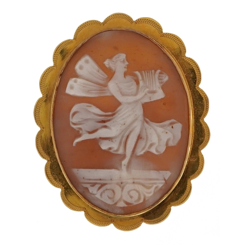 2017 - 9ct gold mounted cameo brooch carved with a female playing a harp housed in a tooled leather box, 4.... 