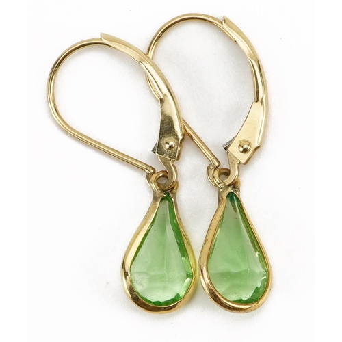 2173 - Pair of 14k gold green stone drop earrings, 2.6cm high, 1.1g