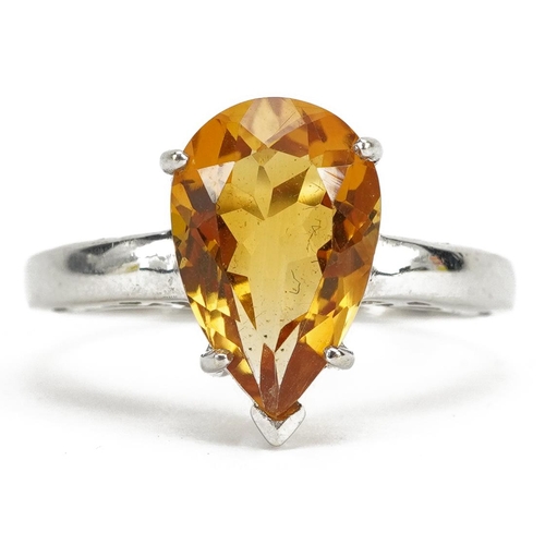 2165 - 9ct white gold citrine tear drop ring, the citrine approximately 12.0mm x 7.9mm, size N, 2.8g