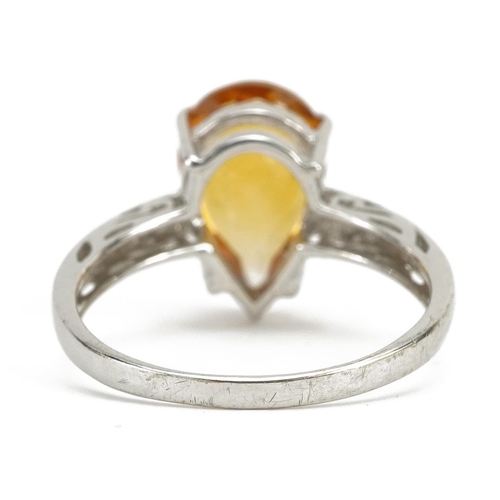 2165 - 9ct white gold citrine tear drop ring, the citrine approximately 12.0mm x 7.9mm, size N, 2.8g