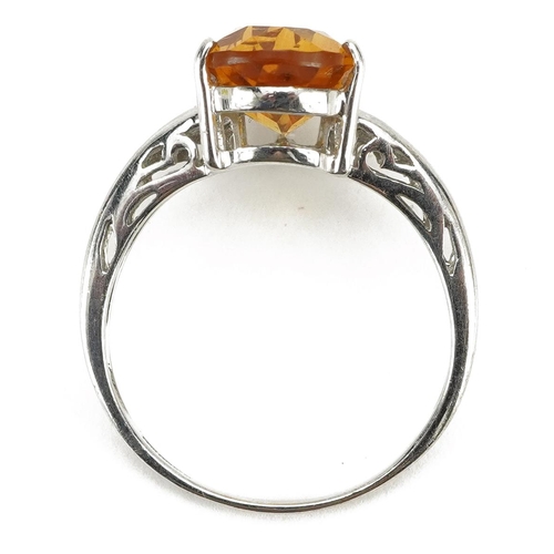 2165 - 9ct white gold citrine tear drop ring, the citrine approximately 12.0mm x 7.9mm, size N, 2.8g