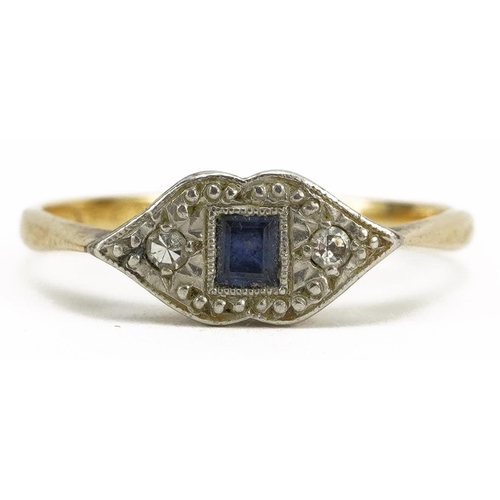 2112 - Art Deco gold sapphire and diamond three stone ring, the band indistinctly marked, size P, 2.1g