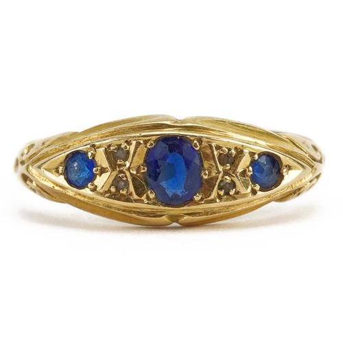 2123 - 18ct gold blue stone and diamond boat ring, the largest blue stone approximately 3.6mm x 3.1mm, Birm... 