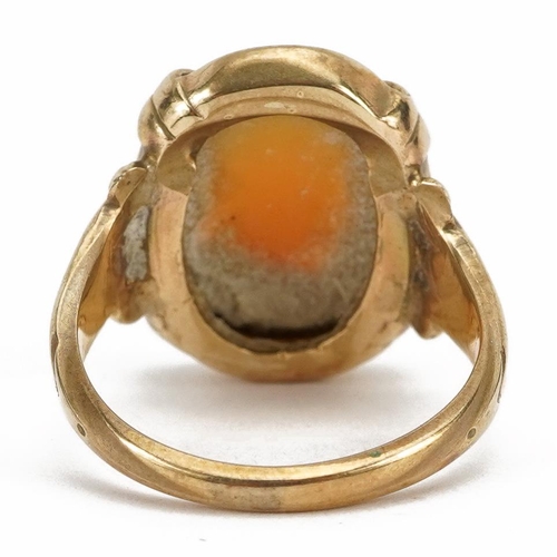 2175 - 9ct gold cameo maiden head ring, size H, 3.1g