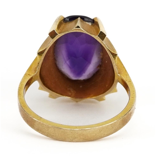 2085 - Modernist 9ct gold amethyst solitaire ring, the amethyst approximately 14.0mm x 10.0mm, size O/P, 5.... 