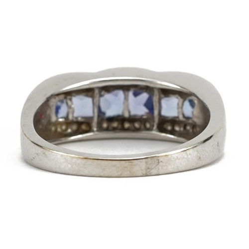 2071 - 14k white gold tanzanite and diamond three row ring, size P, 5.1g