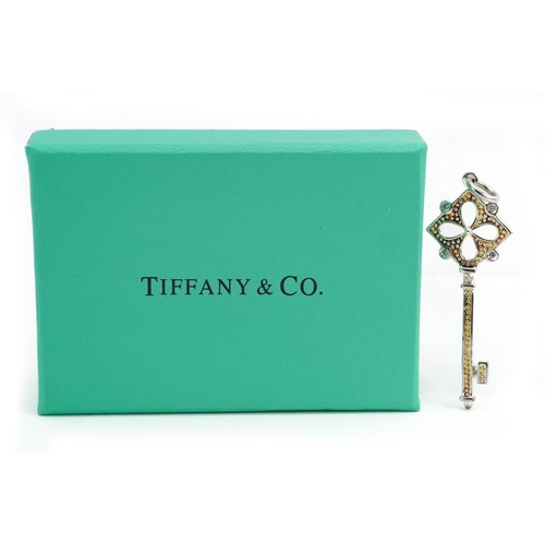 2226 - Tiffany & Co silver clear stone key charm with box, 5.8cm in length, 3.9g
