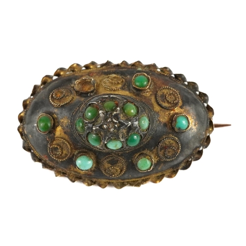 2227 - Victorian 15ct gold oval turquoise and diamond brooch, 2.8cm wide, 3.8g