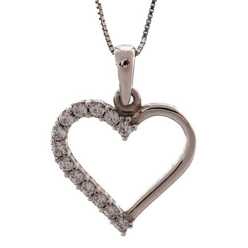 2172 - 9ct white gold love heart pendant set with clear stones on a 9ct white gold box link necklace, 1.9cm... 
