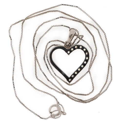 2172 - 9ct white gold love heart pendant set with clear stones on a 9ct white gold box link necklace, 1.9cm... 