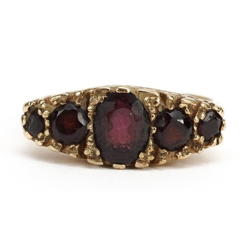 2030 - Victorian style 9ct gold garnet five stone ring, the largest garnet approximately 6.6mm x 5.3mm, siz... 