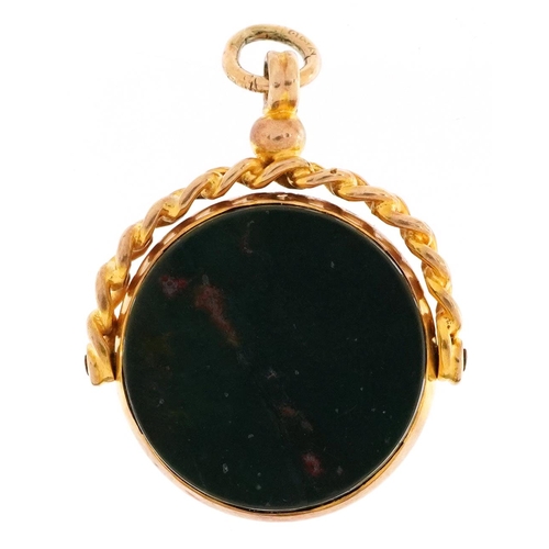 2054 - 9ct gold bloodstone and carnelian spinner fob, 2.7cm high, 7.8g