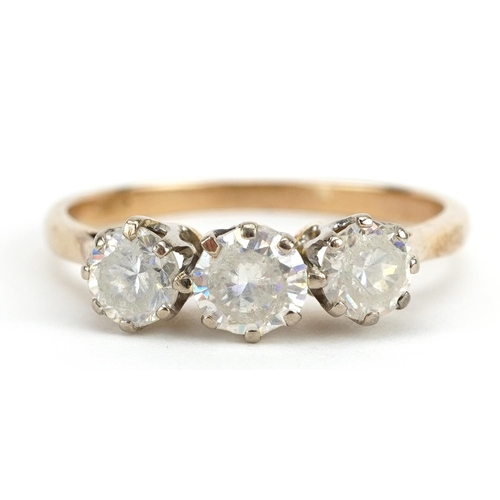 2158 - 9ct gold clear stone ring, the largest clear stone approximately 4.8mm in diameter, size P, 2.6g