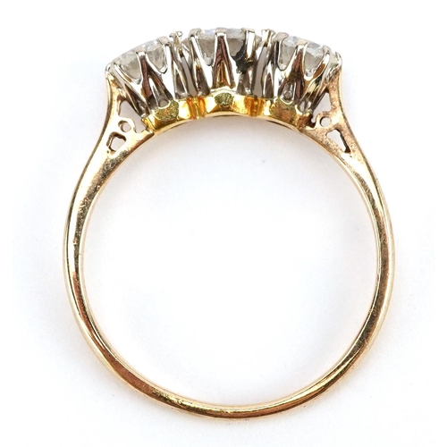 2158 - 9ct gold clear stone ring, the largest clear stone approximately 4.8mm in diameter, size P, 2.6g