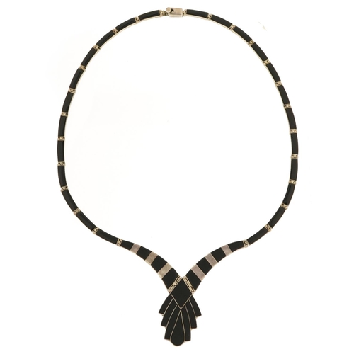 2157 - Mexican 950 grade silver and black enamel articulated necklace, 19.4g