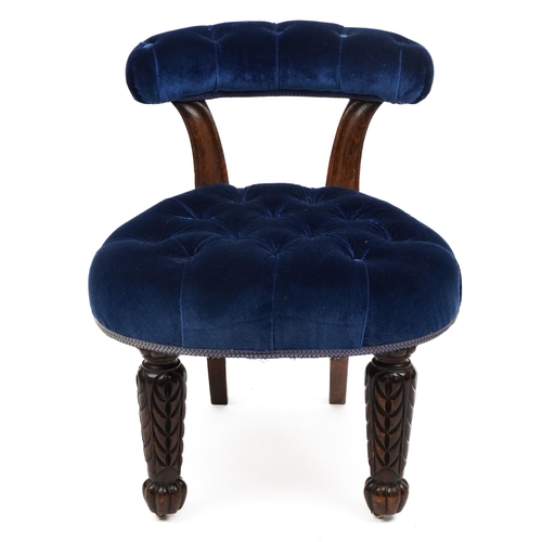 Victorian carved oak bedroom chair with blue button back upholstery