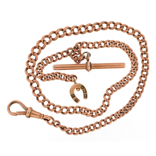 2002 - 9ct rose gold watch chain with T bar and lucky horseshoe set with seed pearls, 40cm in length, 22.9g