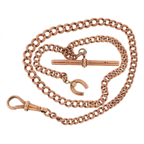 2002 - 9ct rose gold watch chain with T bar and lucky horseshoe set with seed pearls, 40cm in length, 22.9g