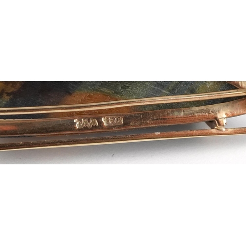2021 - Modernist 9ct gold mounted cabochon tiger's eye brooch, 7cm wide, 16.5g