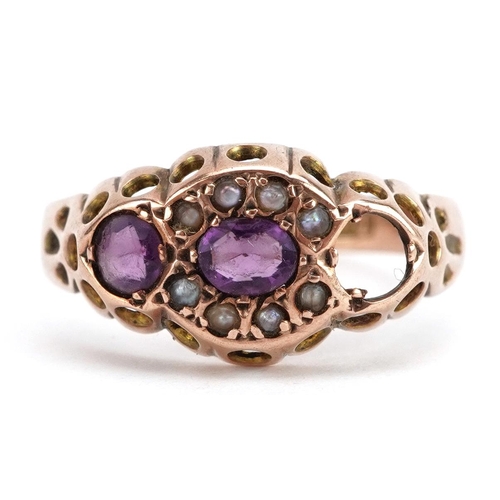 2087 - Edwardian 9ct rose gold amethyst and seed pearl ring, Chester 1912, size M, 1.2g