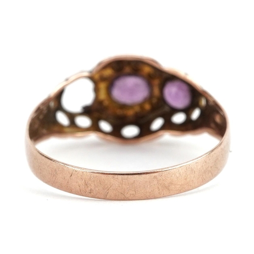 2087 - Edwardian 9ct rose gold amethyst and seed pearl ring, Chester 1912, size M, 1.2g