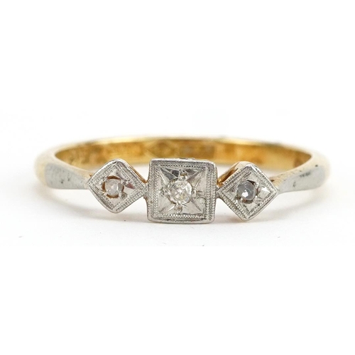 2161 - Art Deco 18ct gold and platinum diamond three stone ring, size N, 2.4g