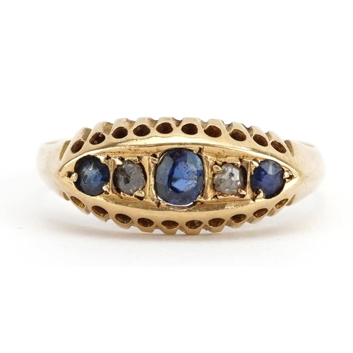 2129 - Edwardian 18ct gold sapphire and diamond boat ring, indistinct Birmingham hallmarks, the largest sap... 