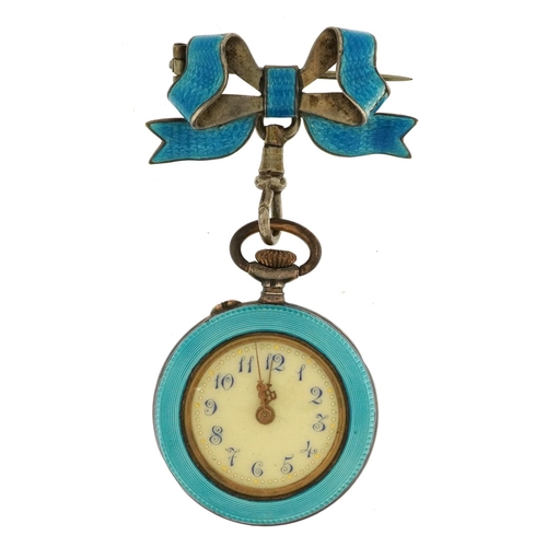 2094 - Ladies silver and guilloche enamel nurse's fob bow watch decorated with fleur de lis, 6.5cm high, th... 