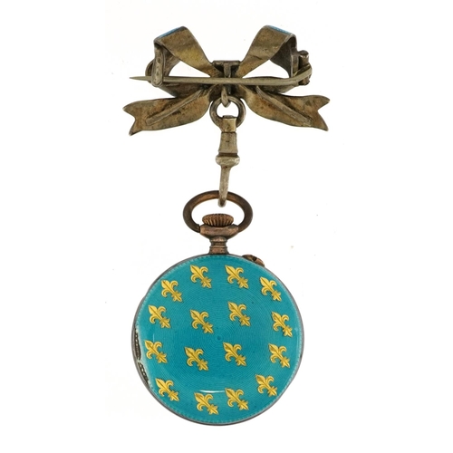 2094 - Ladies silver and guilloche enamel nurse's fob bow watch decorated with fleur de lis, 6.5cm high, th... 
