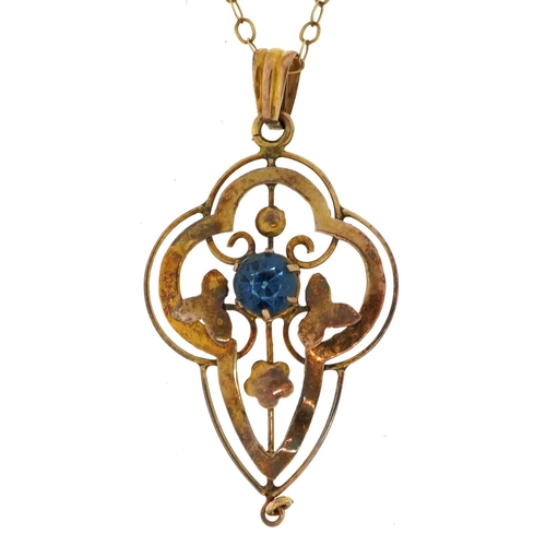 2139 - 9ct gold Edwardian openwork drop pendant set with a blue stone on a 9ct gold Belcher link necklace, ... 