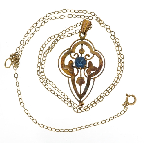 2139 - 9ct gold Edwardian openwork drop pendant set with a blue stone on a 9ct gold Belcher link necklace, ... 