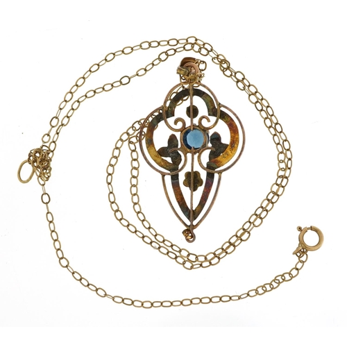 2139 - 9ct gold Edwardian openwork drop pendant set with a blue stone on a 9ct gold Belcher link necklace, ... 
