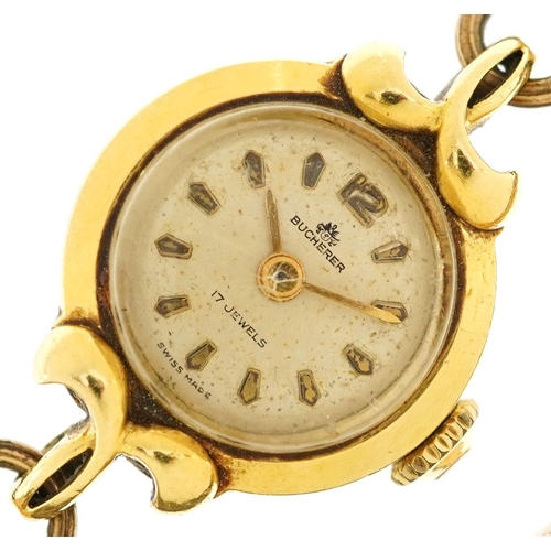 2081 - Bucherer, ladies 18ct gold wristwatch numbered 5017 housed in an Accurist box, the case 17mm in diam... 