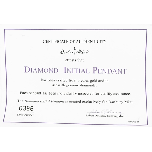 2202 - 9ct gold diamond initial S pendant on 9ct gold necklace with Danbury Mint certificate of authenticit... 