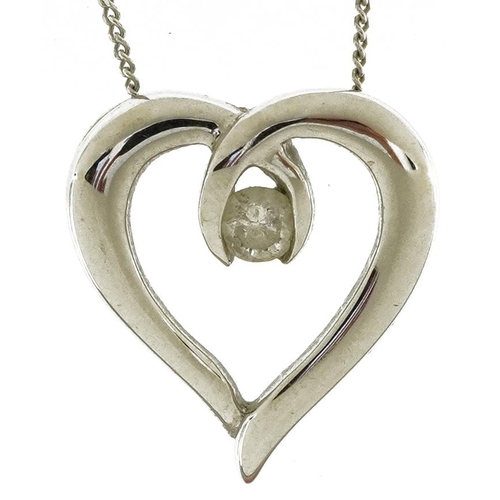 2130 - 9ct white gold love heart pendant set with a diamond on 9ct white gold curb link necklace, the diamo... 