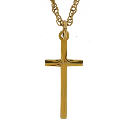 2162 - 9ct gold cross pendant on 9ct gold necklace, 2.6cm high and 42cm in length, total 3.4g