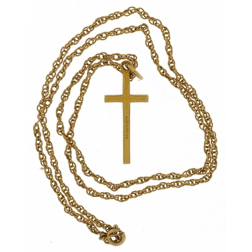 2162 - 9ct gold cross pendant on 9ct gold necklace, 2.6cm high and 42cm in length, total 3.4g