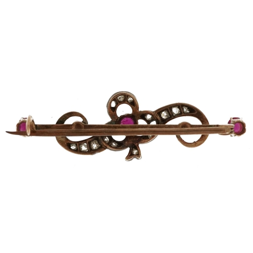 2036 - Antique unmarked gold diamond, ruby and seed pearl three leaf clover bar brooch, the largest ruby ap... 