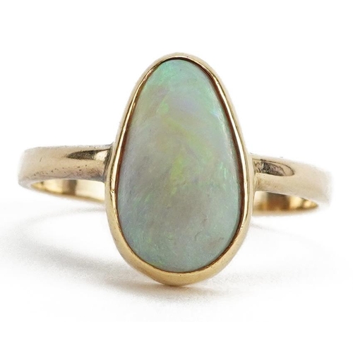2020 - Unmarked gold cabochon opal ring, tests as 18ct gold, the opal approximately 12.0mm x 7.0mm, size O,... 