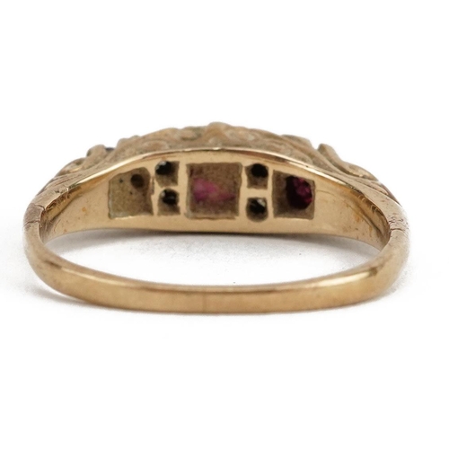 2011 - Victorian style 9ct gold ruby and diamond seven stone ring, the largest ruby approximately 3.5mm in ... 