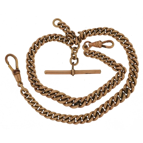 2178 - Yellow metal watch chain with T bar and jewellery clasps, 37cm in length, 38.0g