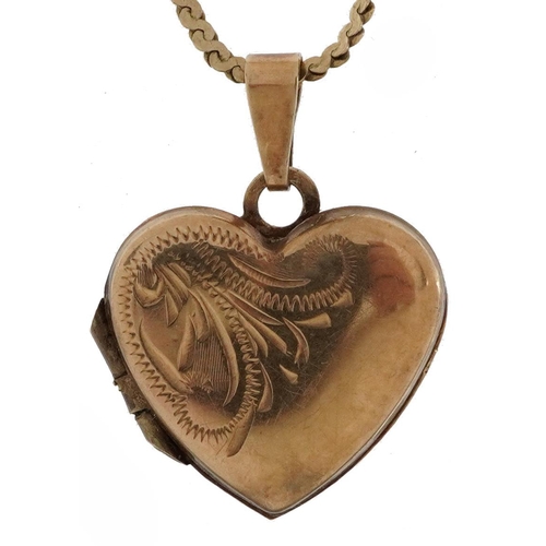 2105 - 9ct gold love heart locket with engraved decoration on a 9ct gold necklace, 1.7cm high and 40cm in l... 