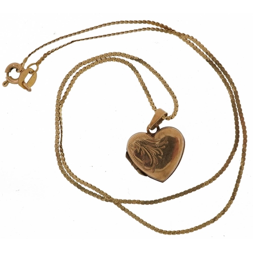 2105 - 9ct gold love heart locket with engraved decoration on a 9ct gold necklace, 1.7cm high and 40cm in l... 