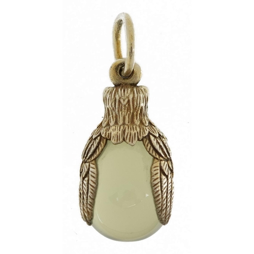 2134 - Silver mounted jade egg pendant in the form of an owl, impressed Russian marks, 3cm high, 5.4g