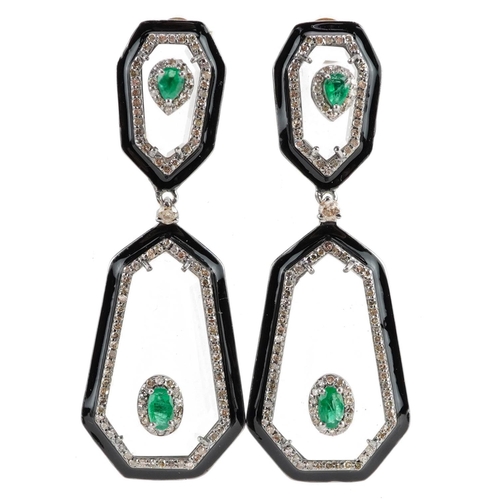 2068 - Pair of Art Deco style 14ct gold black enamel and crystal drop earrings set with diamonds and emeral... 