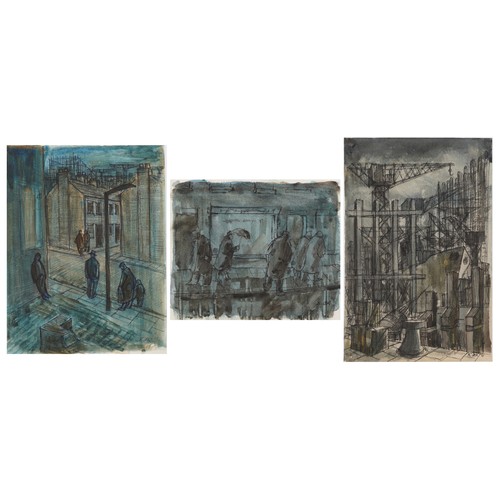 1503 - Karel Lek - Industrial street scenes, three Welsh ink and watercolours on paper, unframed, the large... 