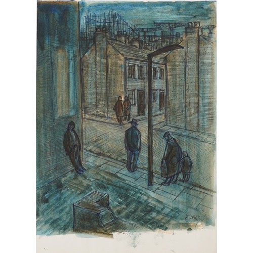 1503 - Karel Lek - Industrial street scenes, three Welsh ink and watercolours on paper, unframed, the large... 