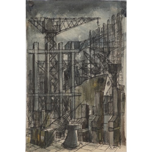 1503 - Karel Lek - Industrial street scenes, three Welsh ink and watercolours on paper, unframed, the large... 